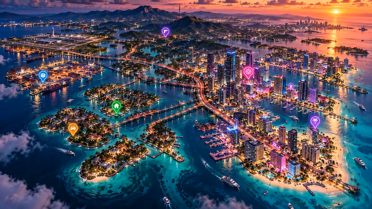 Original neon coastal city map artwork